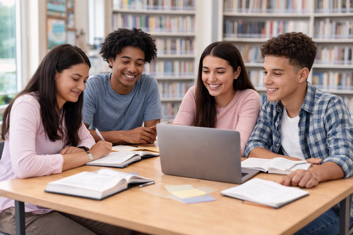 Students collaborating in library study session